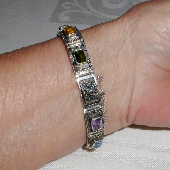 Vintage Silver Bracelet with Marcasite Amethyst Topaz Citrine Peridot Stones 7" - Picture 3 of 9